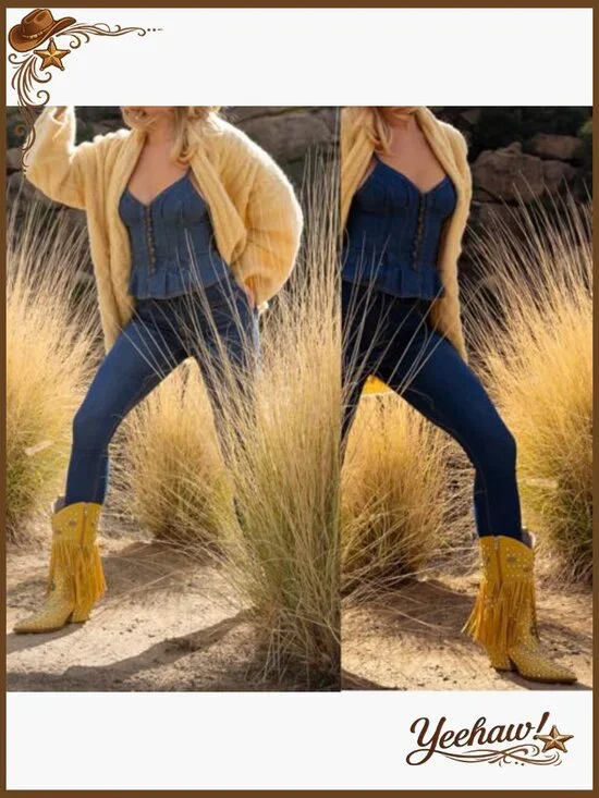 Fringe Cowboy Boots Rhinestone Embellishments Mid Calf Western Booties - Picture 2 of 7